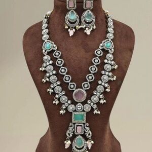 Turquoise and Pink stone Necklace and Earring Set